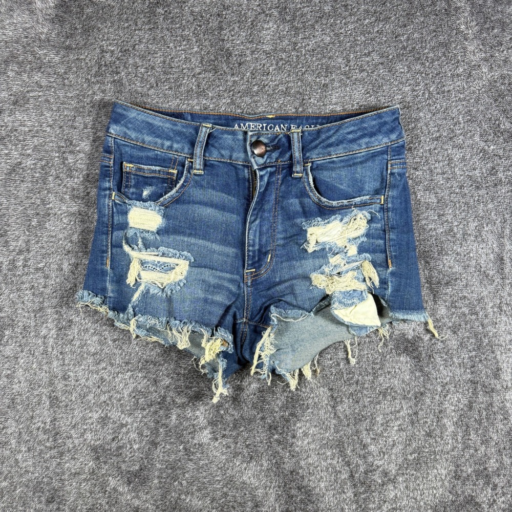 American Eagle Hi-Rise Shortie Distressed Denim Shorts Size 4 Medium Wash
